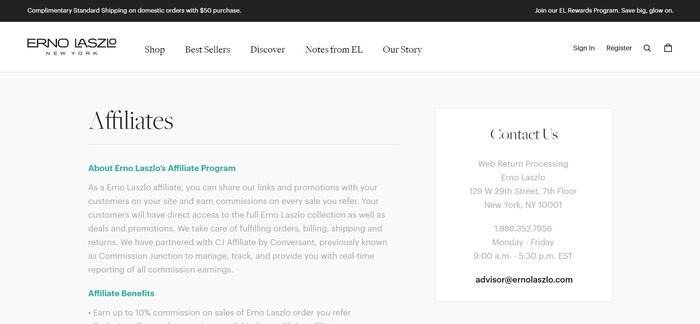 screenshot of the affiliate sign up page for Erno Laszlo