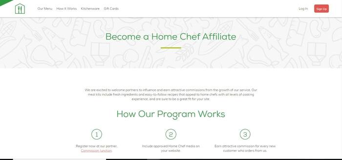 screenshot of the affiliate sign up page for Home Chef