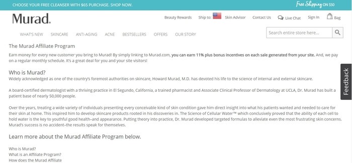 screenshot of the affiliate sign up page for Murad