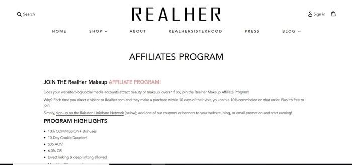screenshot of the affiliate sign up page for Realher