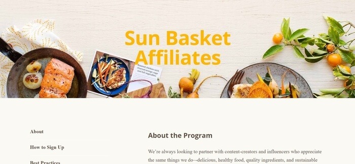 screenshot of the affiliate sign up page for Sun Basket