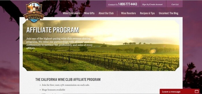 screenshot of the affiliate sign up page for The California Wine Club