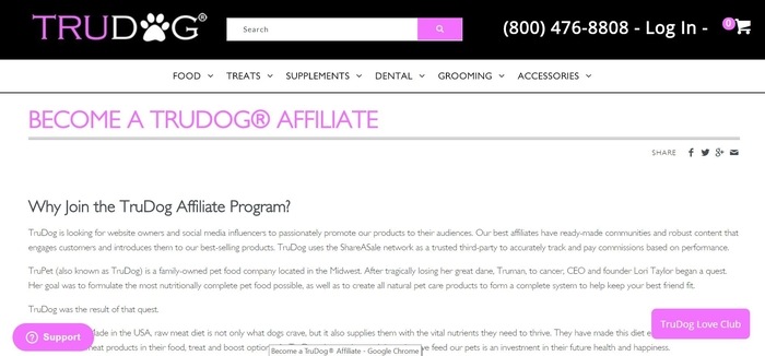 screenshot of the affiliate sign up page for TruDog
