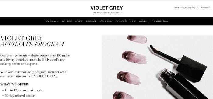 screenshot of the affiliate sign up page for VIOLET GREY