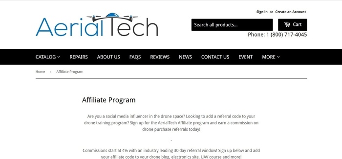 screenshot of the affiliate sign up page for AerialTech