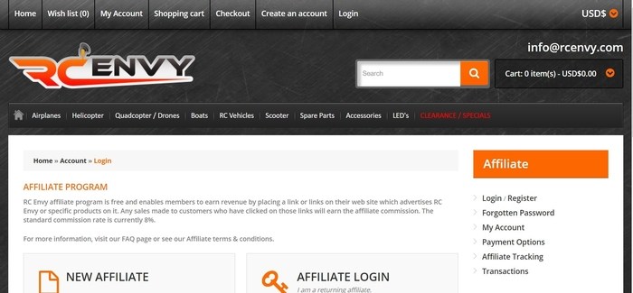 screenshot of the affiliate sign up page for RC Envy