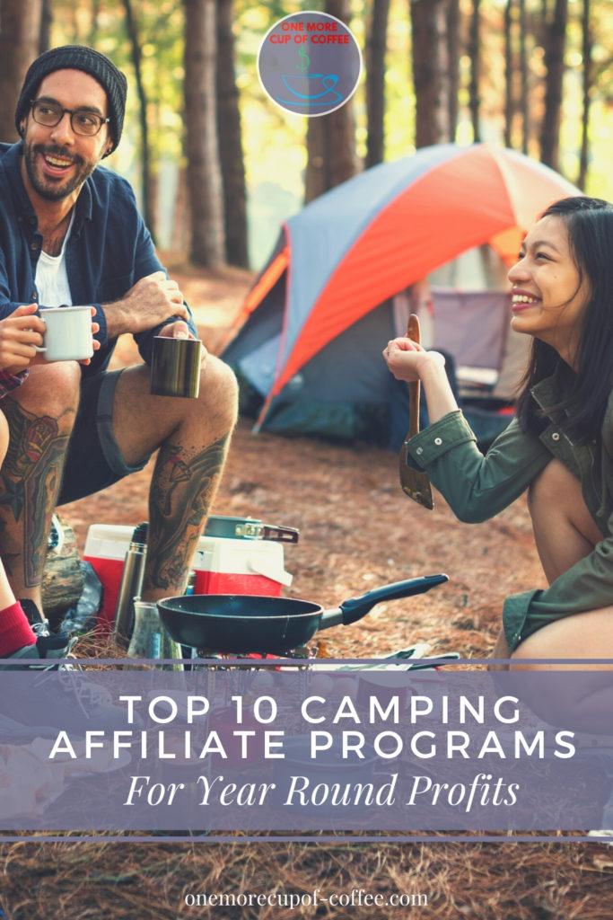 朋友们围坐在篝火旁，边吃边聊，身后搭着帐篷，底部的文字覆盖着“全年盈利的十大露营联盟项目”。