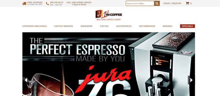 1st in Coffee website screenshot showing an silver and black espresso machine from the company.