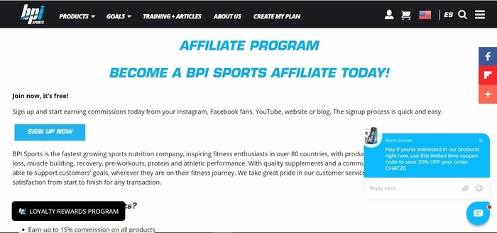 screenshot of the affiliate sign up page for BPI Sports