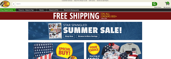 Bass Pro Shops网站截图显示了他们的星条旗夏季促销信息，以及各种以美国为重点的产品的图片。