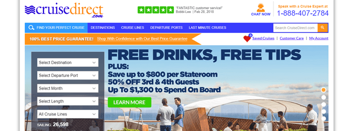 Cruisedirect网站截图，显示了人们在游轮甲板上的背景图像，以及有关免费饮料和小费的详细信息。