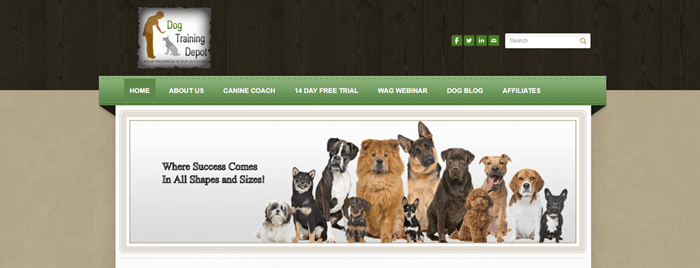 Dog Training Depot website screenshot showing a collection of dogs from different breeds, all facing the camera.