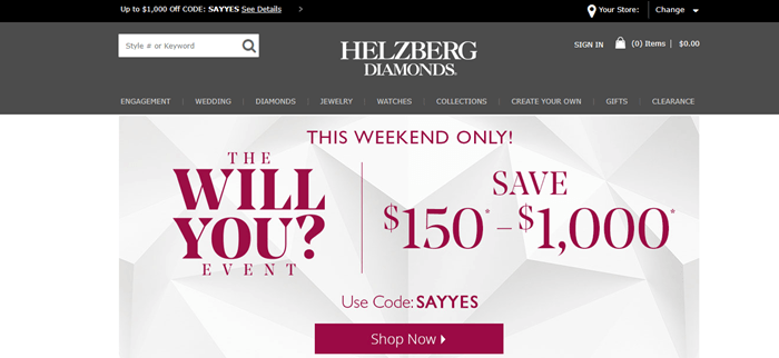 Helzberg Diamonds网站截图，展示了他们的“The Will You?”活动”，包括折扣和现在购物的链接。