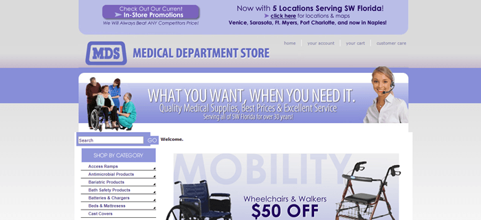 医疗百货公司网站截图，显示了一些产品的小图片，以及各种菜单链接。