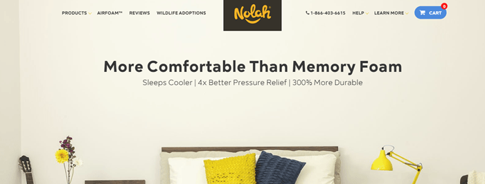 Nolah Sleep网站截图，一张床顶贴着奶油色的墙。