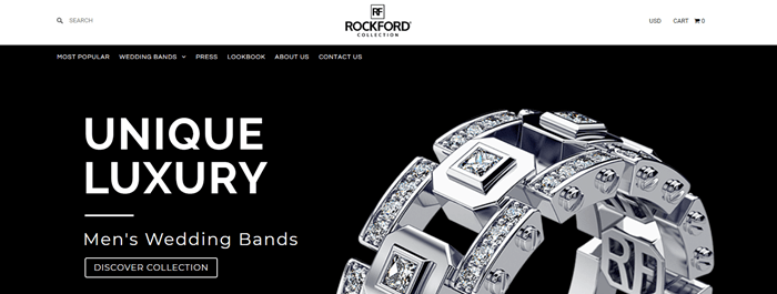 Rockford Collection网站截图，黑色背景，显示了该公司不寻常的定制戒指之一。