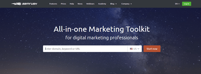 SEMrush网站截图显示了一个星空背景，白色文字推广SEMrush营销工具包。