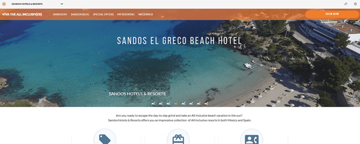 山多斯酒店及度假村网站截图，显示了海滩和周围景观的自上而下的图像。