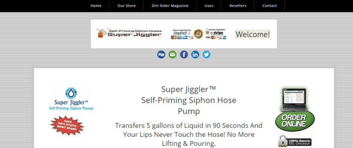 Super Jiggler website screenshot showing information about the self-priming siphon pumps from the company.