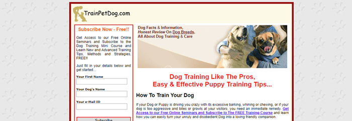 TrainPetDog.com网站截图，显示了一个带有订阅链接的老派网站和两个带狗的女人的图片。
