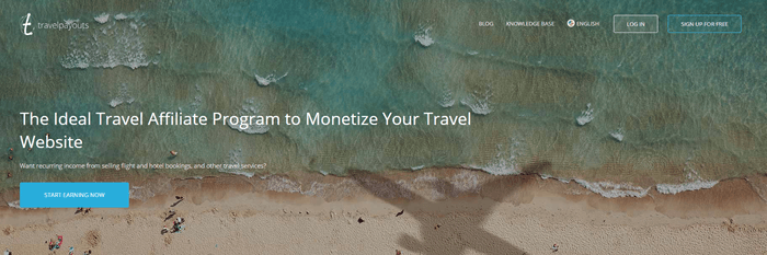 Travel Payouts网站截图，上面是一架飞机飞过的海滩和海洋。