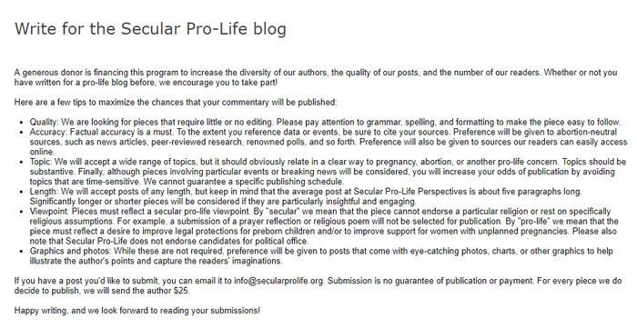 Write For The Secular Pro Life Blog