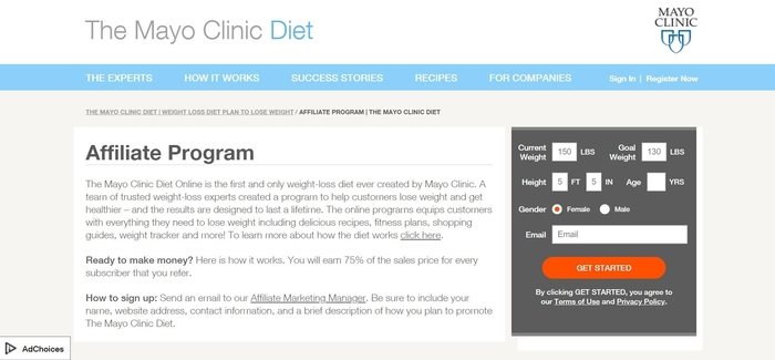 screenshot of the affiliate sign up page for Mayo Clinic Diet