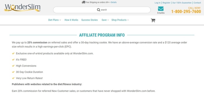 screenshot of the affiliate sign up page for WonderSlim
