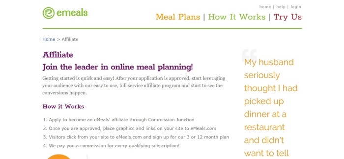 screenshot of the affiliate sign up page for eMeals