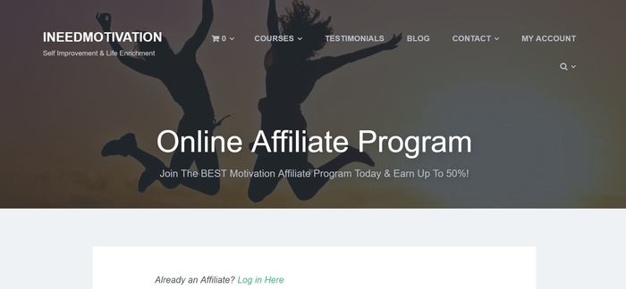 screenshot of the affiliate sign up page for INeedMotivation