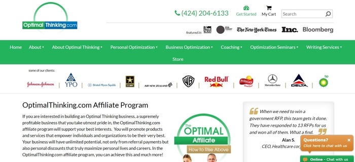 screenshot of the affiliate sign up page for Optimal Thinking