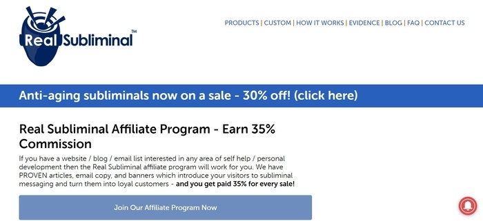screenshot of the affiliate sign up page for Real Subliminal