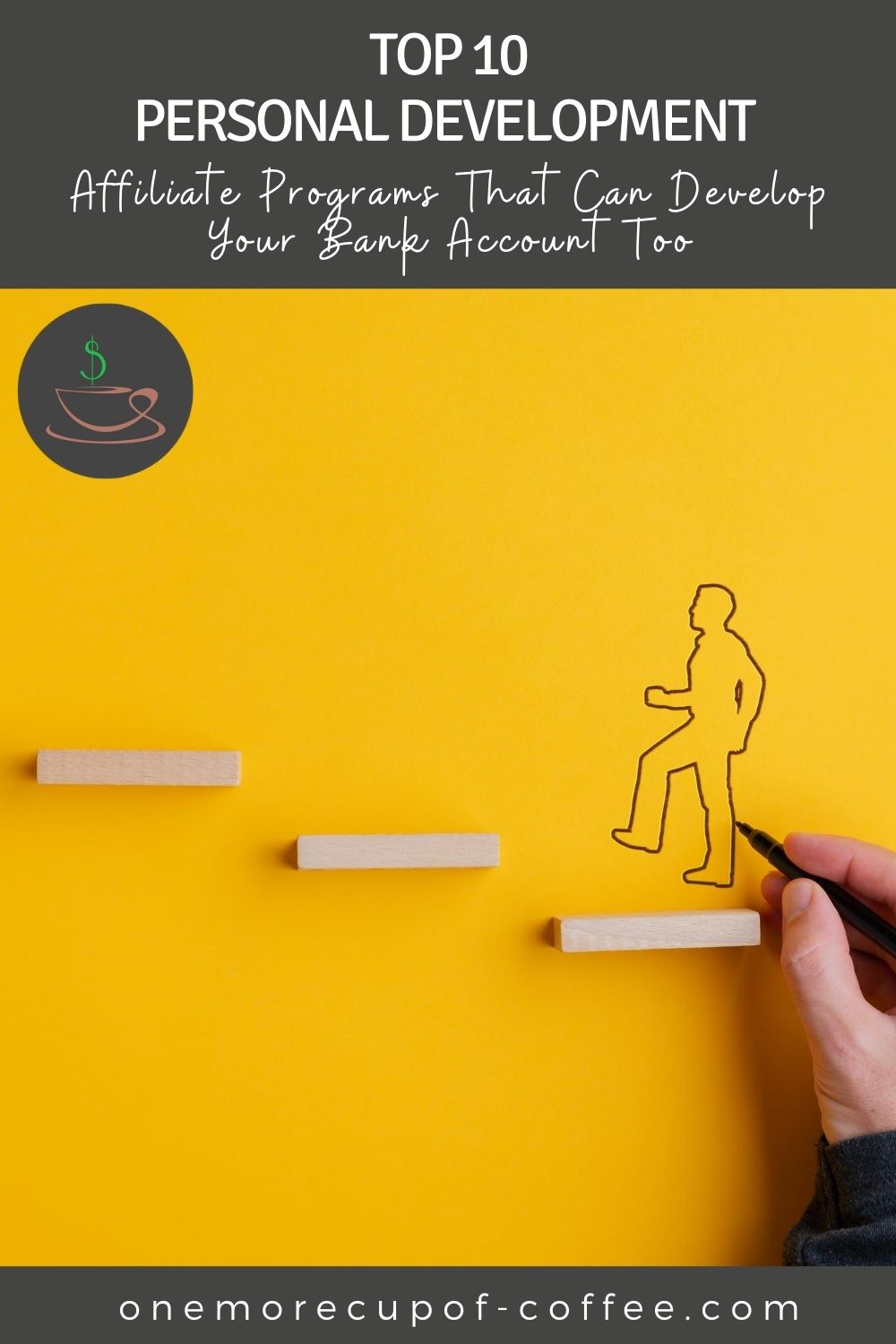 hand drawing a line drawing of a man ascending a wooden ladder against a yellow background; with text at the top 