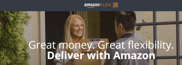 Amazon Flex website screenshot showing an Asian man delivering a package to a blonde woman.