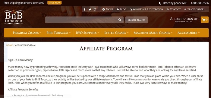 screenshot of the affiliate sign up page for BNB Tobacco