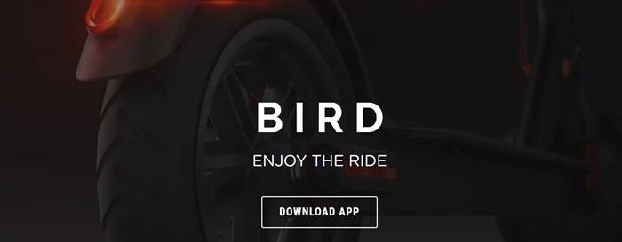 Bird网站截图显示了一个Bird摩托车的特写图像，背景是黑色的。