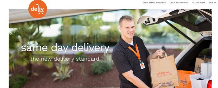 Deliv Website Screenshot showing a young man loading Walgreens groceries into a car