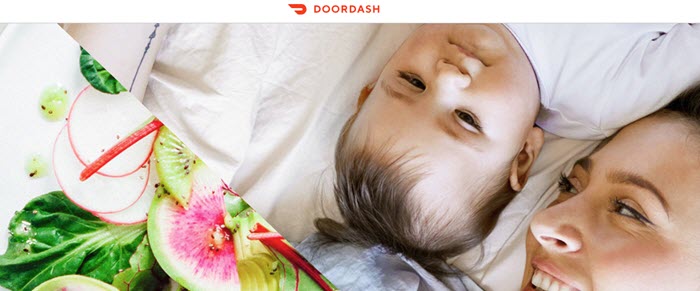 DoorDash website screenshot showing a woman and a baby on a white sheet, with an image of a fresh salad.
