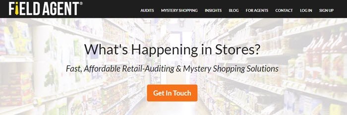 现场代理网站截图显示了一个洗掉的杂货店背景图像，并附有关于了解商店中正在发生什么的文字。