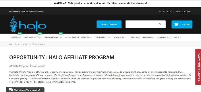 screenshot of the affiliate sign up page for HaloCigs