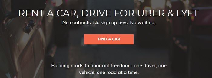 HyreCar网站截图，显示了交通中汽车的模糊图像，以及谈论租车驾驶的文字。