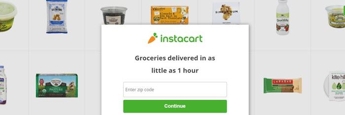 Instacart website screenshot showing a selection of different foods and a box for users to enter their zip code.