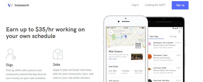 Instawork网站截图，显示了安卓和iPhone应用程序的图像，以及有关演出和工作的信息。