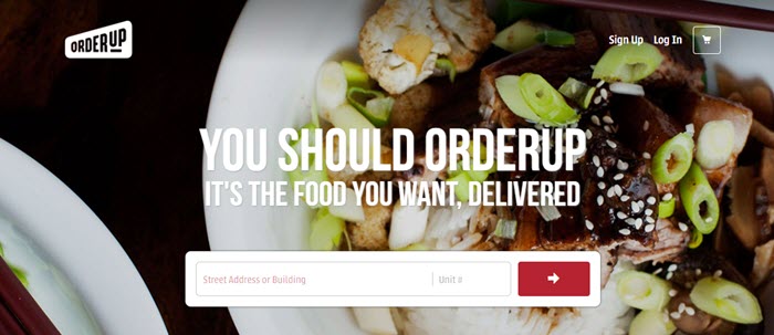 OrderUp Website Screenshot showing a plate of meat, veggies and rice