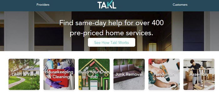 Takl网站截图显示了一所房子的图片，上面的小图片突出了Takl提供的一些不同类型的工作。
