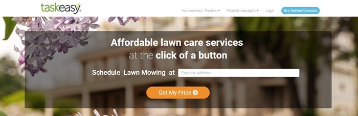 TaskEasy网站截图显示了一张紫色花朵公寓的模糊图像，以及有关经济实惠的草坪护理服务的详细信息。
