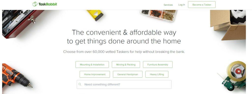 TaskRabbit网站截图显示了各种工具在白色背景下，以及关于在家里做事情的信息。