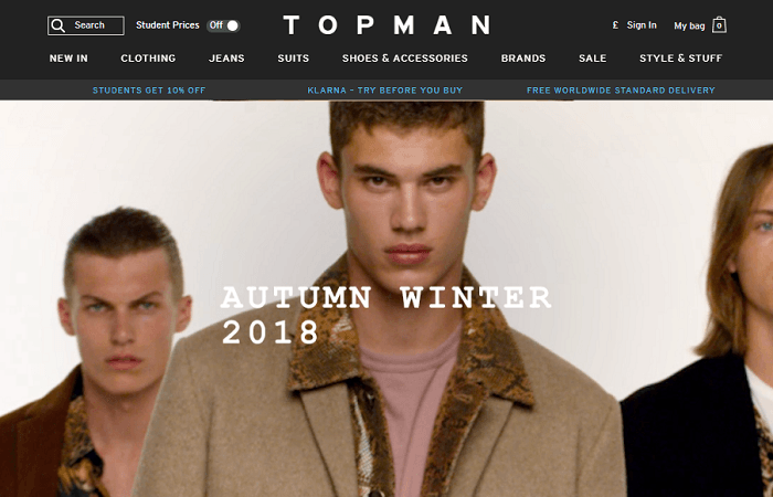 Topman website homepage