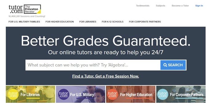 Tutor.com网站截图显示四个不同的部分和文本，保证更好的成绩。