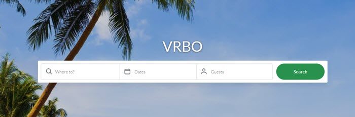 VRBO网站截图显示了棕榈树和天空的图像，以及关于地点、日期和客人的方框。